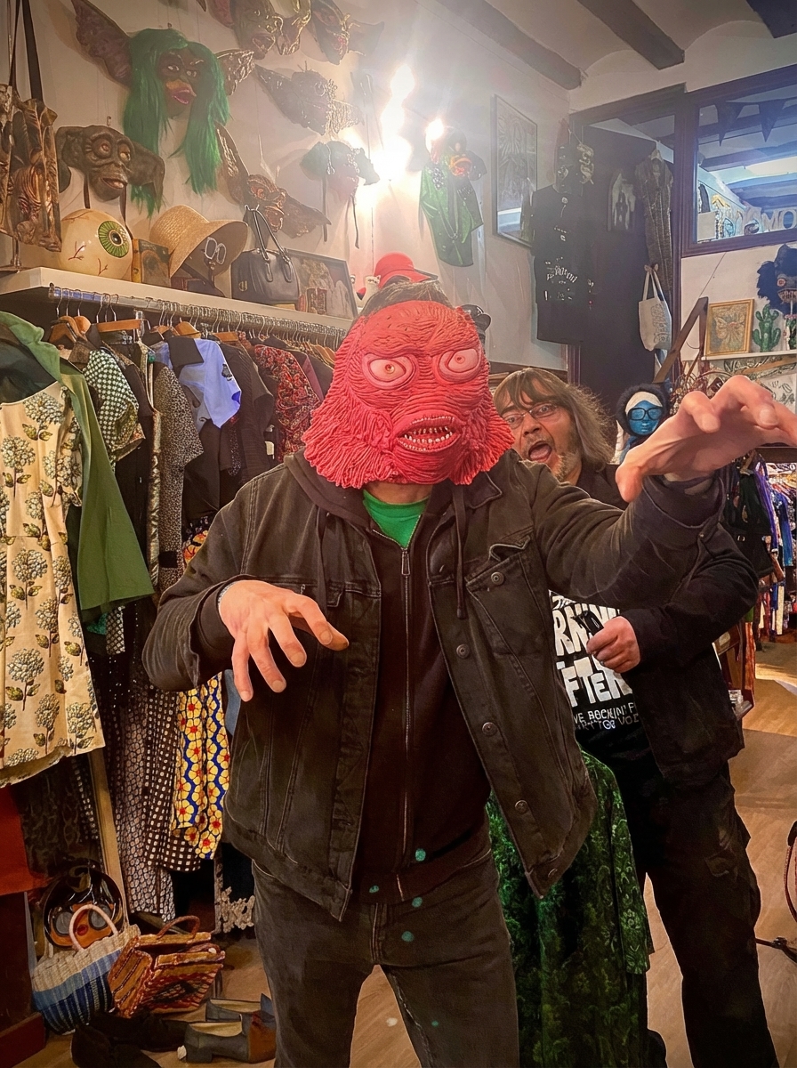 Customer having fun with the monster mask