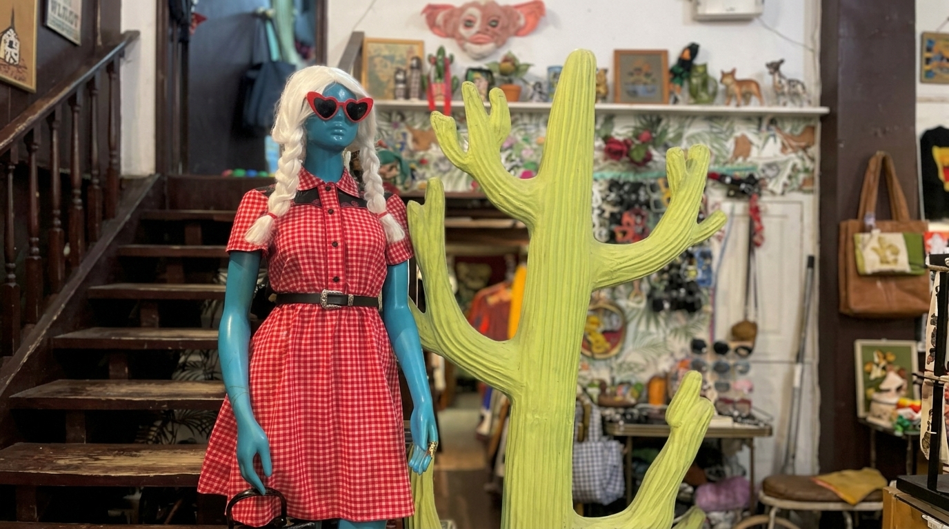 Blue mannequin in gingham dress with cactus